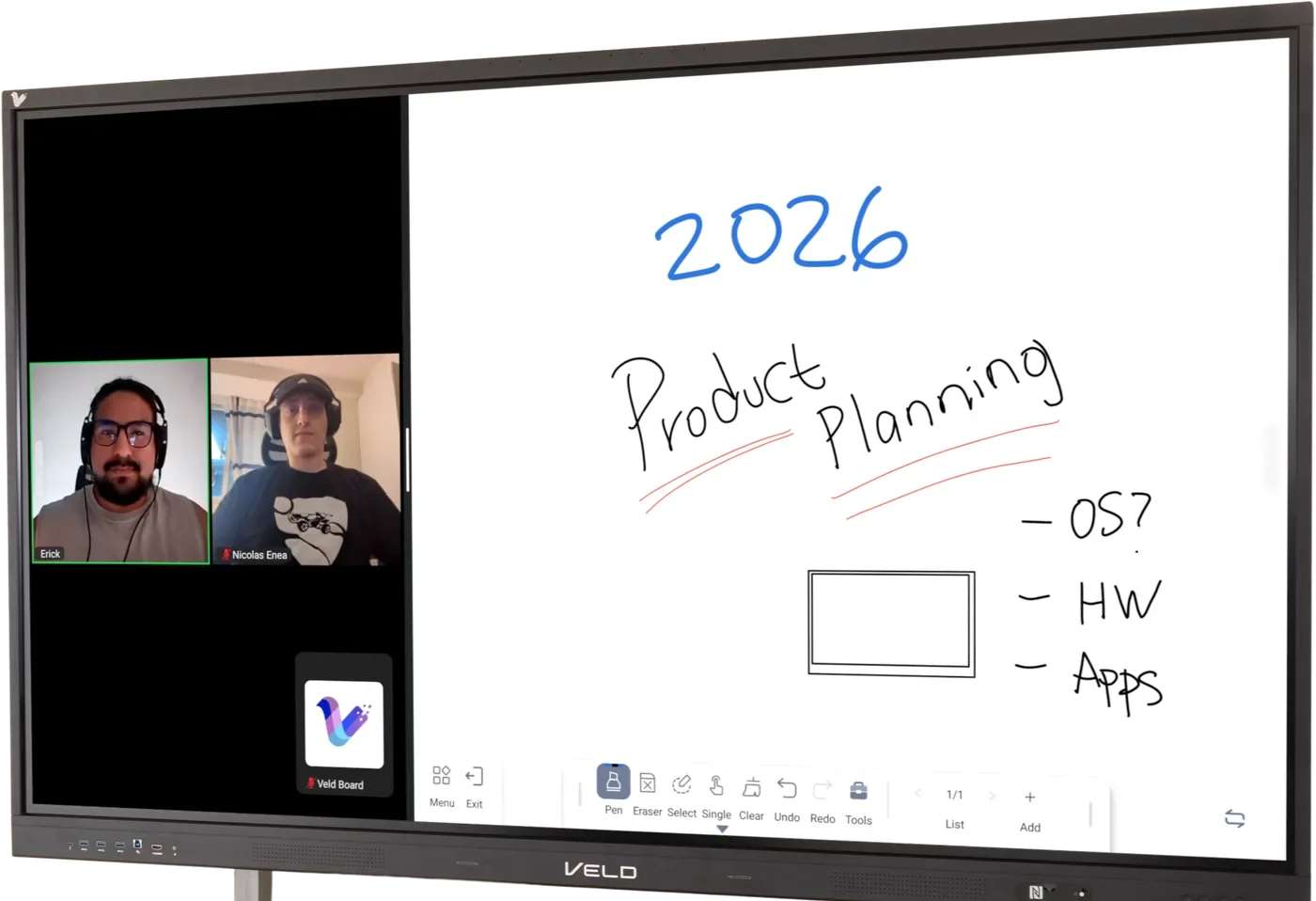 Veld Board showing handwritten product planning notes in the whiteboard app