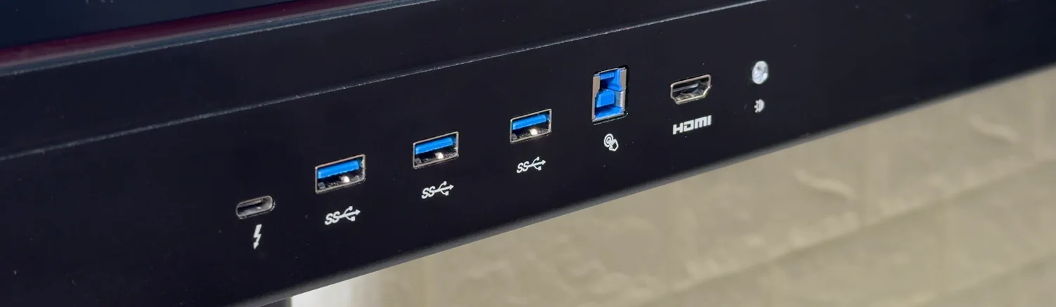 The front-facing ports on Veld Board: USB-C, USB-A, HDMI and touch
